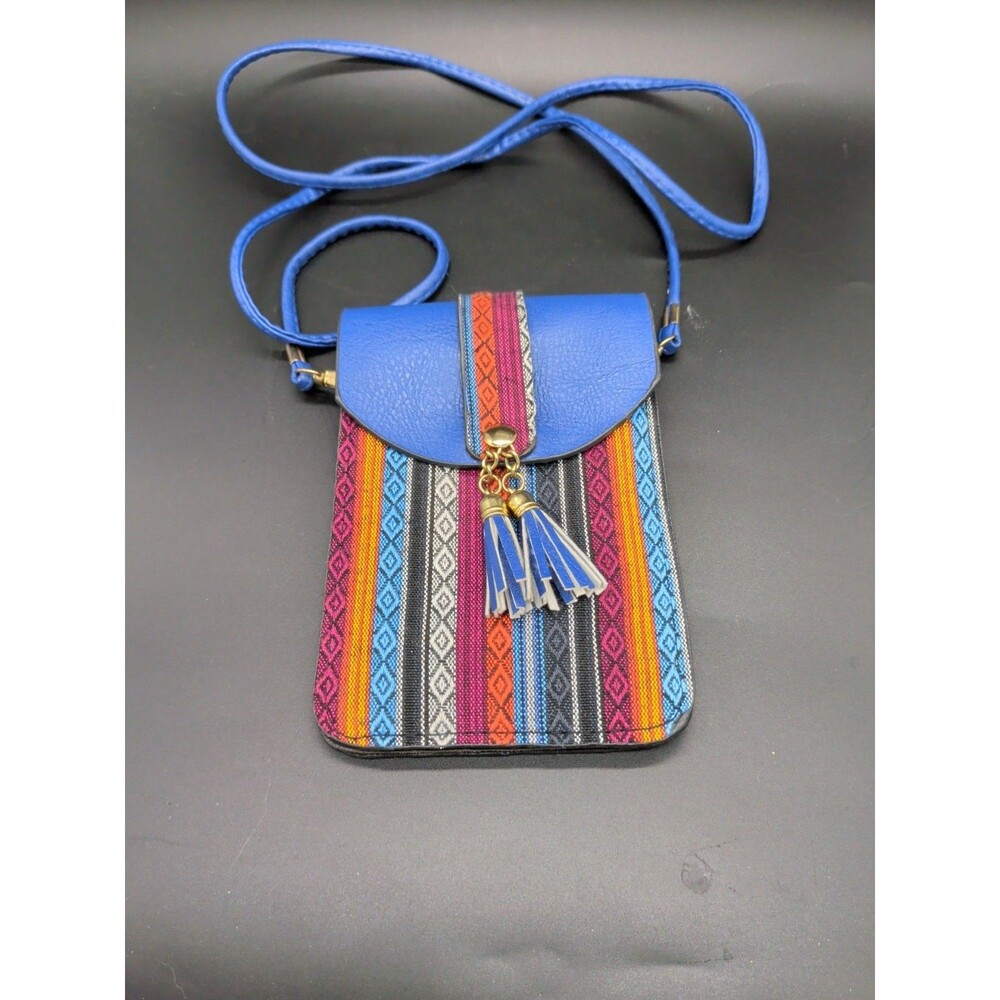 Boho Aztec Stripe Crossbody Bag Blue Multicolor Tassel Small Shoulder Purse